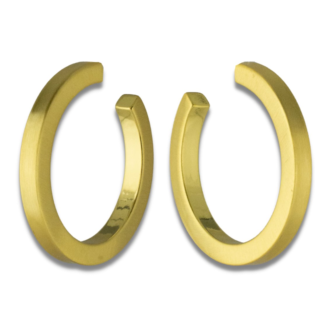 Golden hoop earrings with straight edges. Link directs user to HOOPS menu