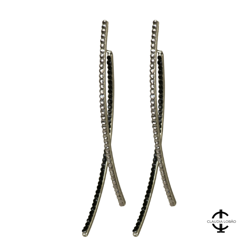 Image of criss cross rhodium plated earrings with hand applied crystals style E-3743-RC-MTO available at shopclaudialobao.com . Clicking on image directs you to Best Selling link